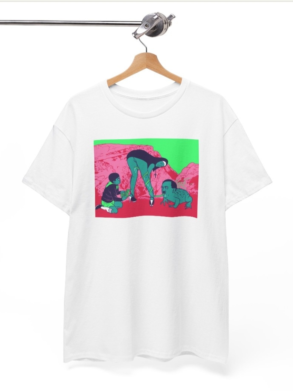 Gildan White Short Sleeve Tee with Neon Pink & Green Graphic Feat Weird Art